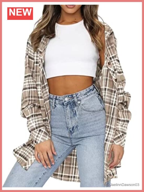 Tops - Womens Buffalo Plaid Flannel Shirt Button Down Long Sleeve Collar Tunic